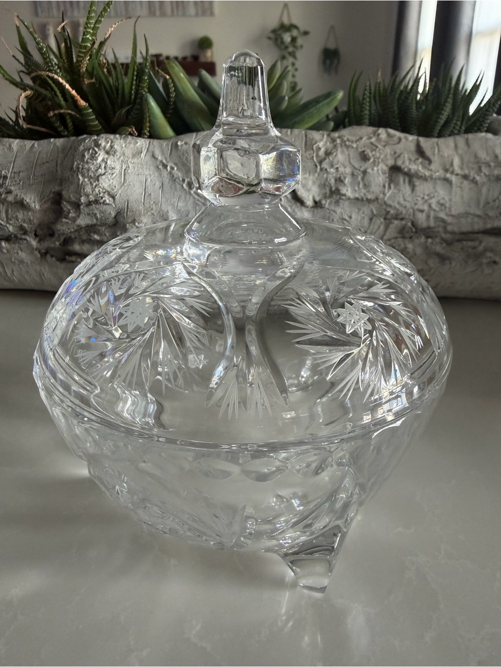 Vintage Polish Hand Cut Lead Crystal Covered Candy Dish 3-Footed